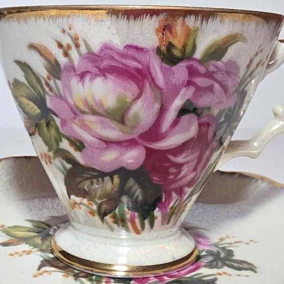 Norcrest Teacup and Saucer Pink Flowers Opalescent Vintage - Picture 2 of 9